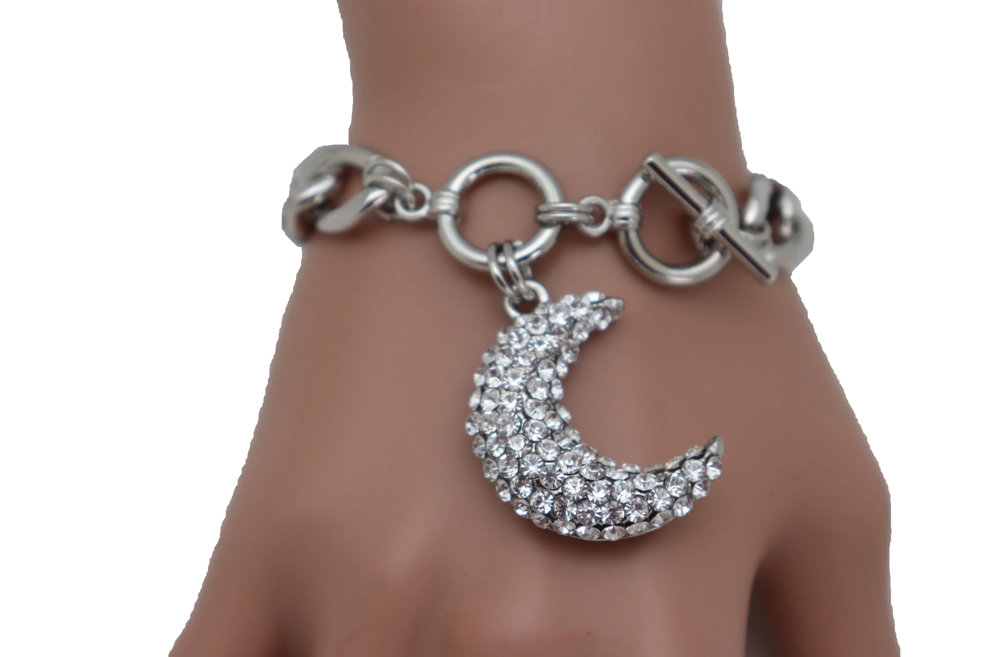 Silver Metal Hand Chain Bracelet Bling Moon Charm Crescent