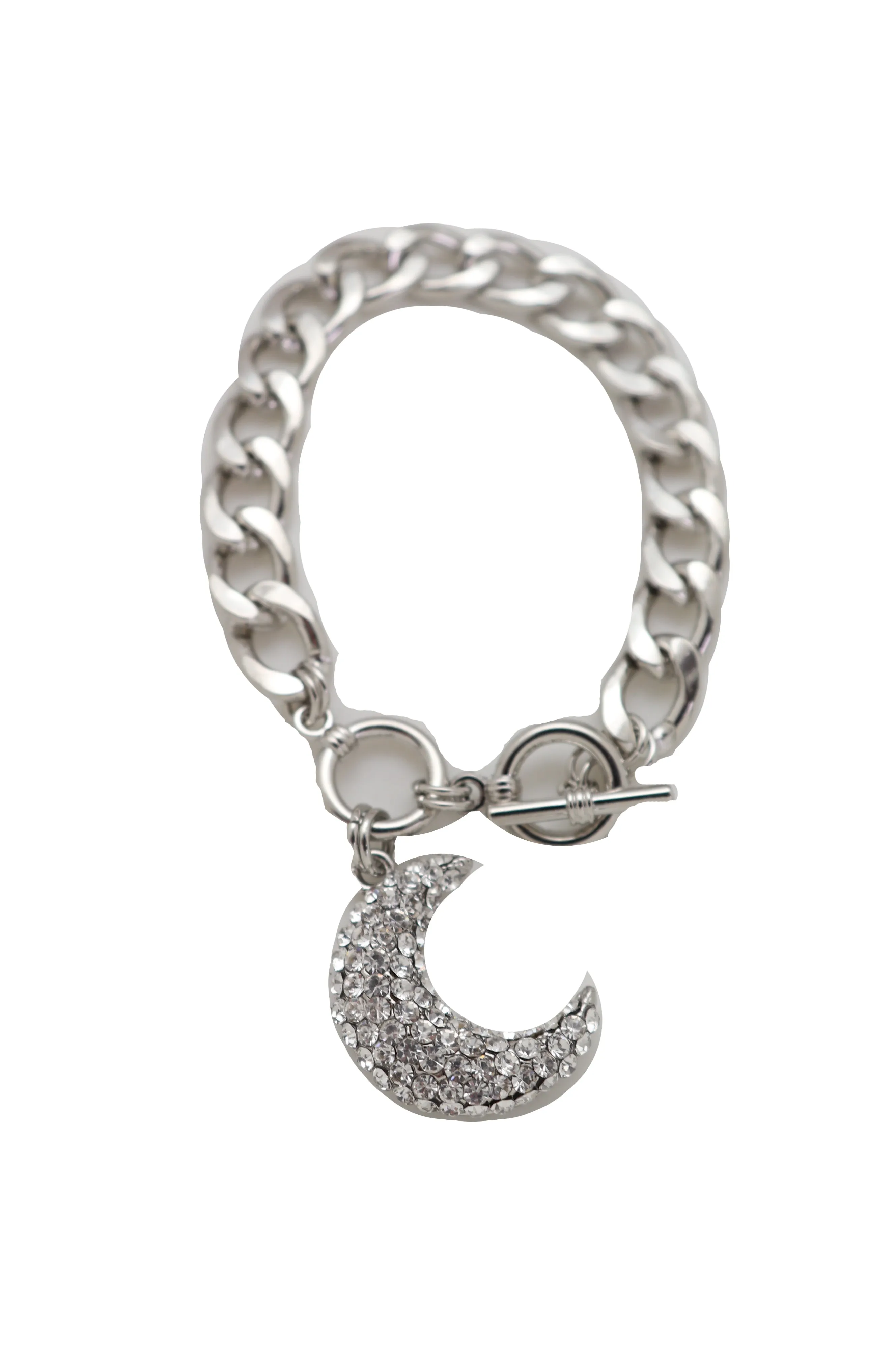 Silver Metal Hand Chain Bracelet Bling Moon Charm Crescent