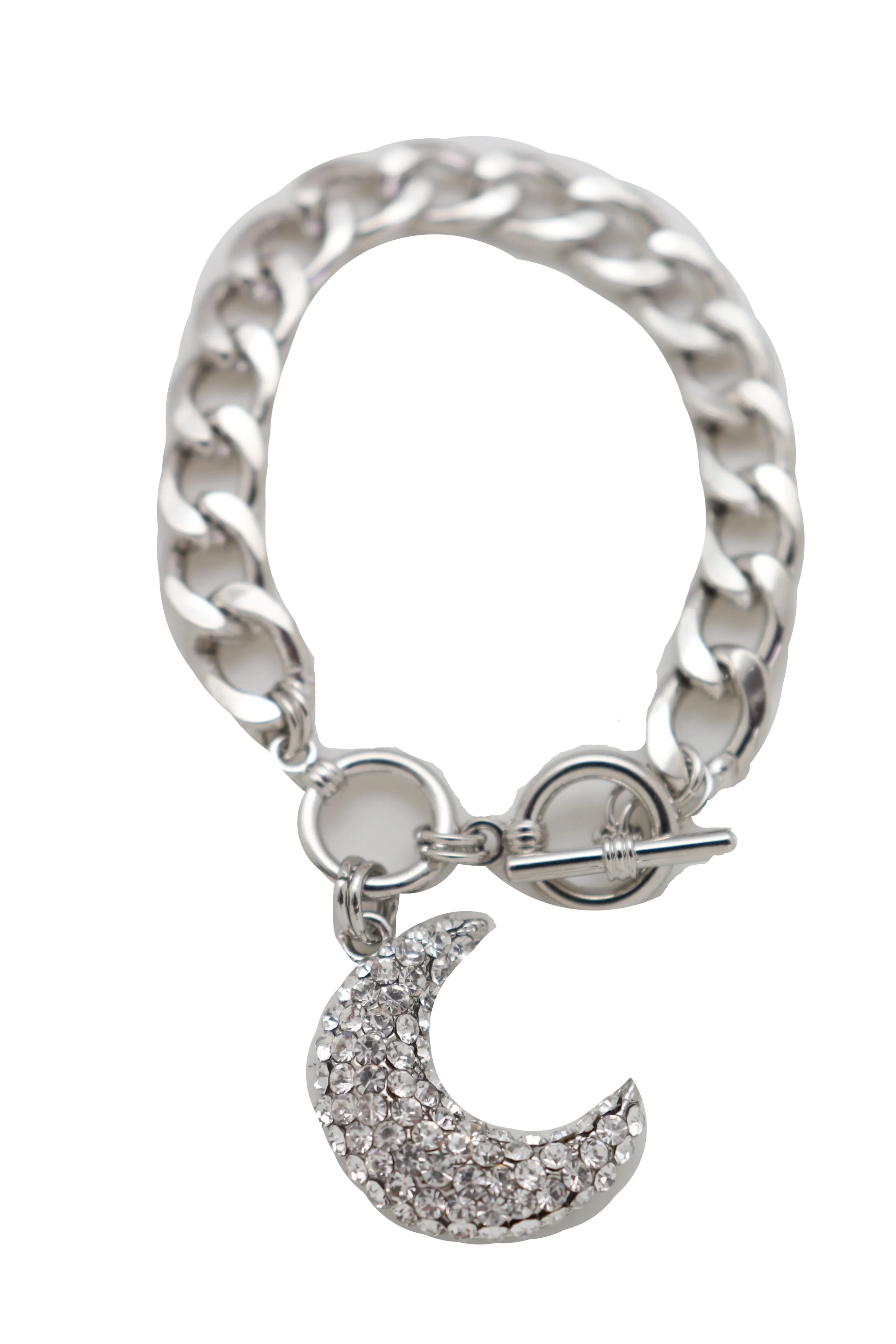 Silver Metal Hand Chain Bracelet Bling Moon Charm Crescent