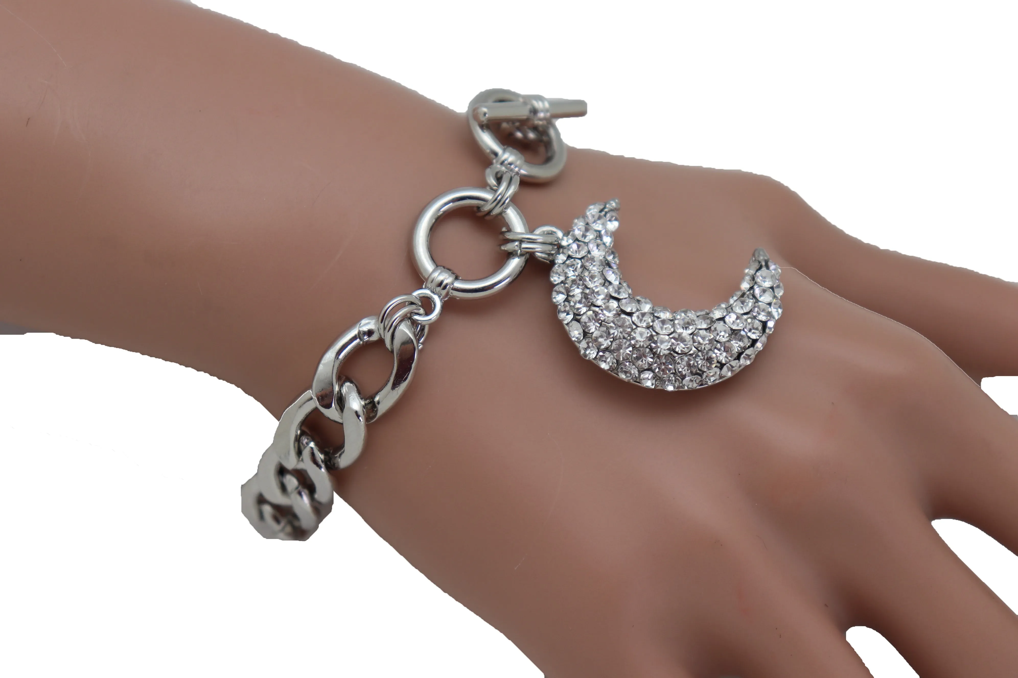 Silver Metal Hand Chain Bracelet Bling Moon Charm Crescent