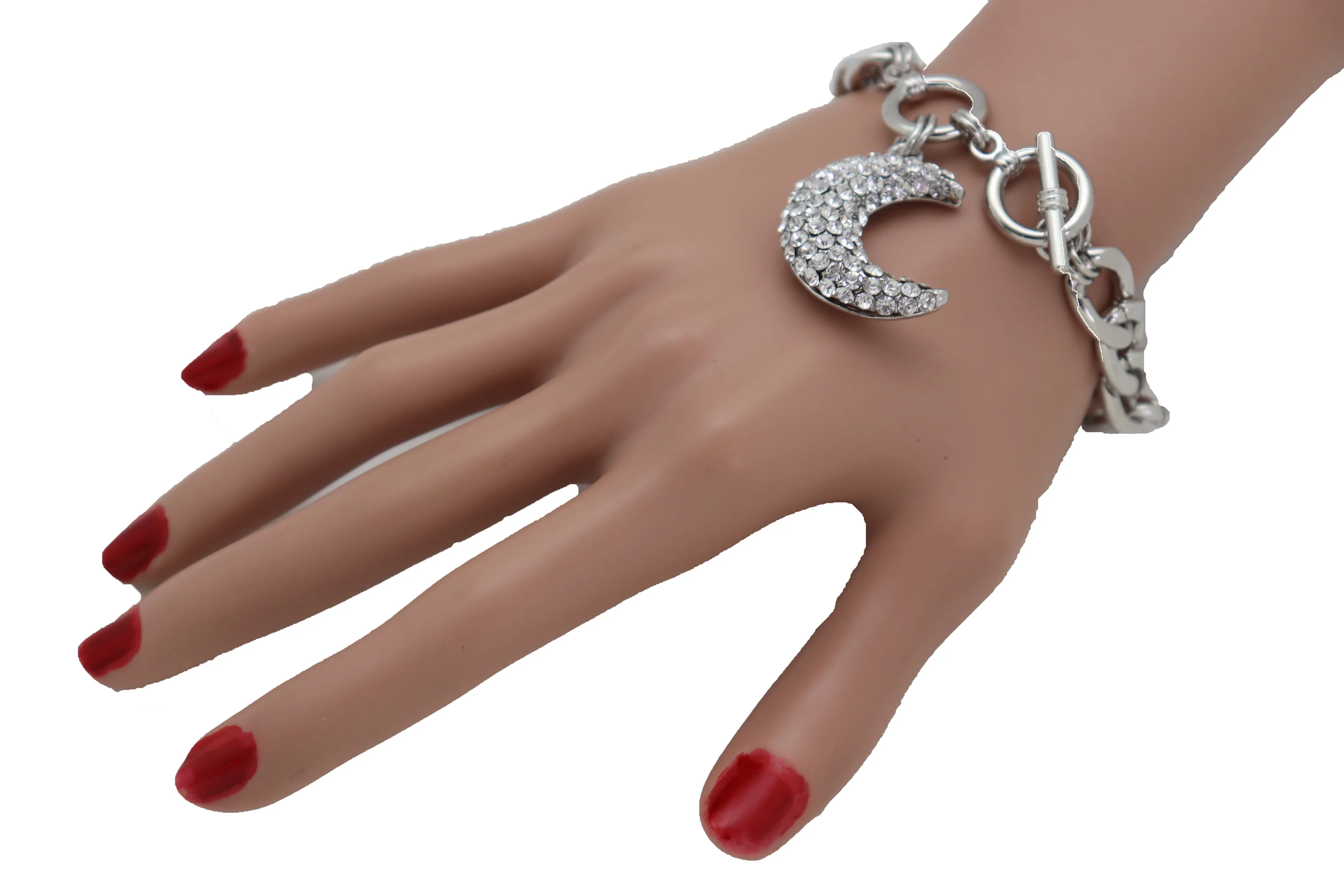 Silver Metal Hand Chain Bracelet Bling Moon Charm Crescent