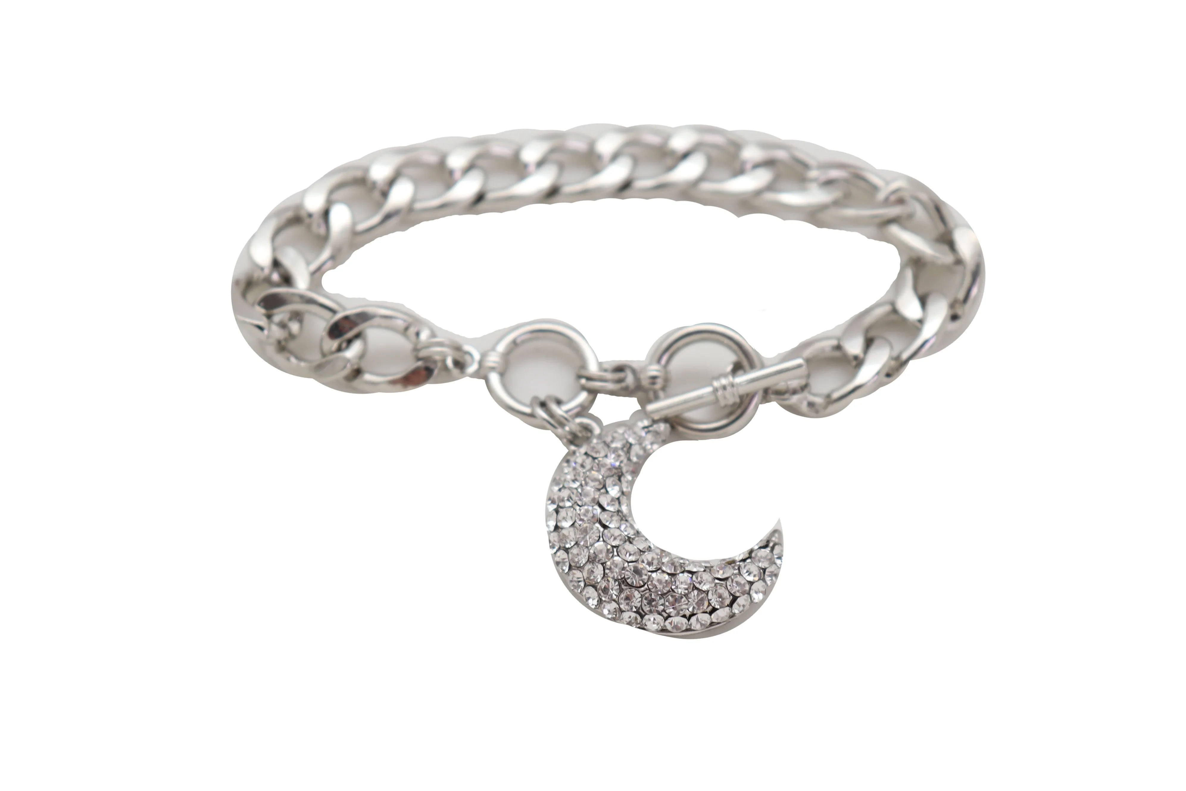 Silver Metal Hand Chain Bracelet Bling Moon Charm Crescent