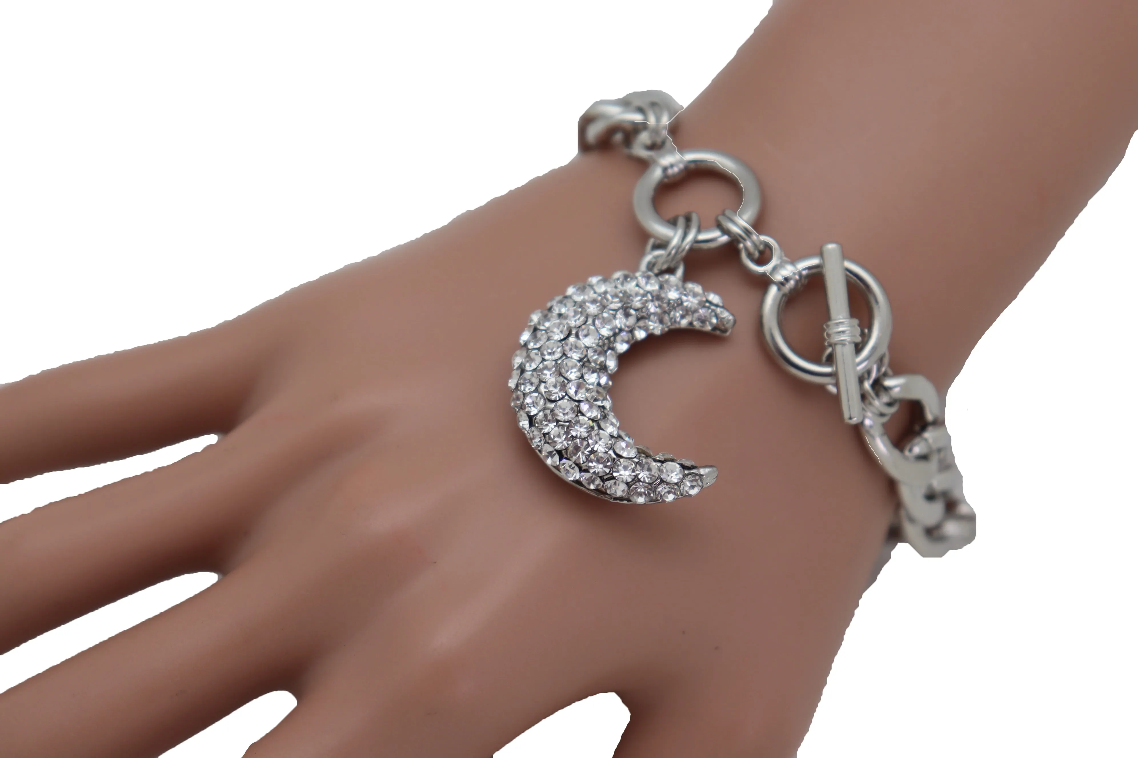 Silver Metal Hand Chain Bracelet Bling Moon Charm Crescent