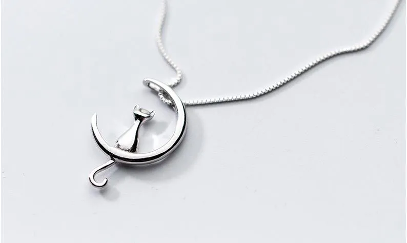 Silver Plated Cute Cat Moon Necklace