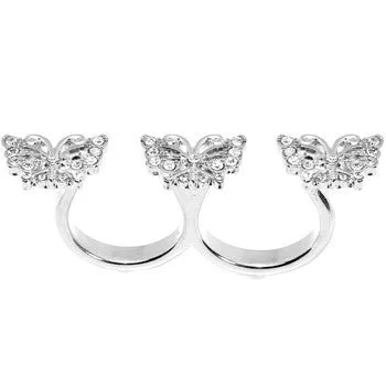 Silver Tone Crystalline Butterfly Trio Double Finger Ring