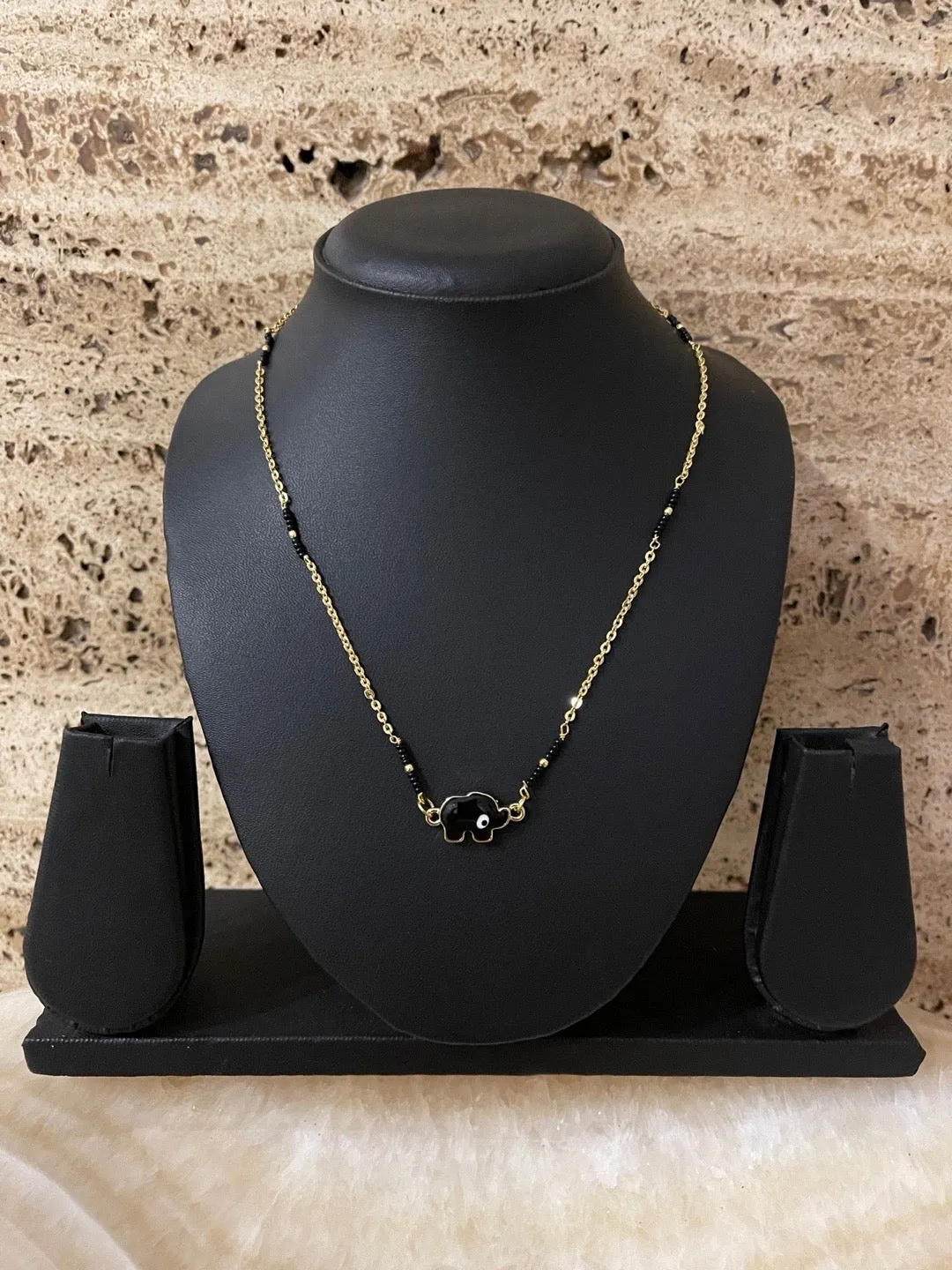 Simple Modern Short Mangalsutra Designs Elephant & Evil Eye Pendant Traditional Black Beads Gold Chain