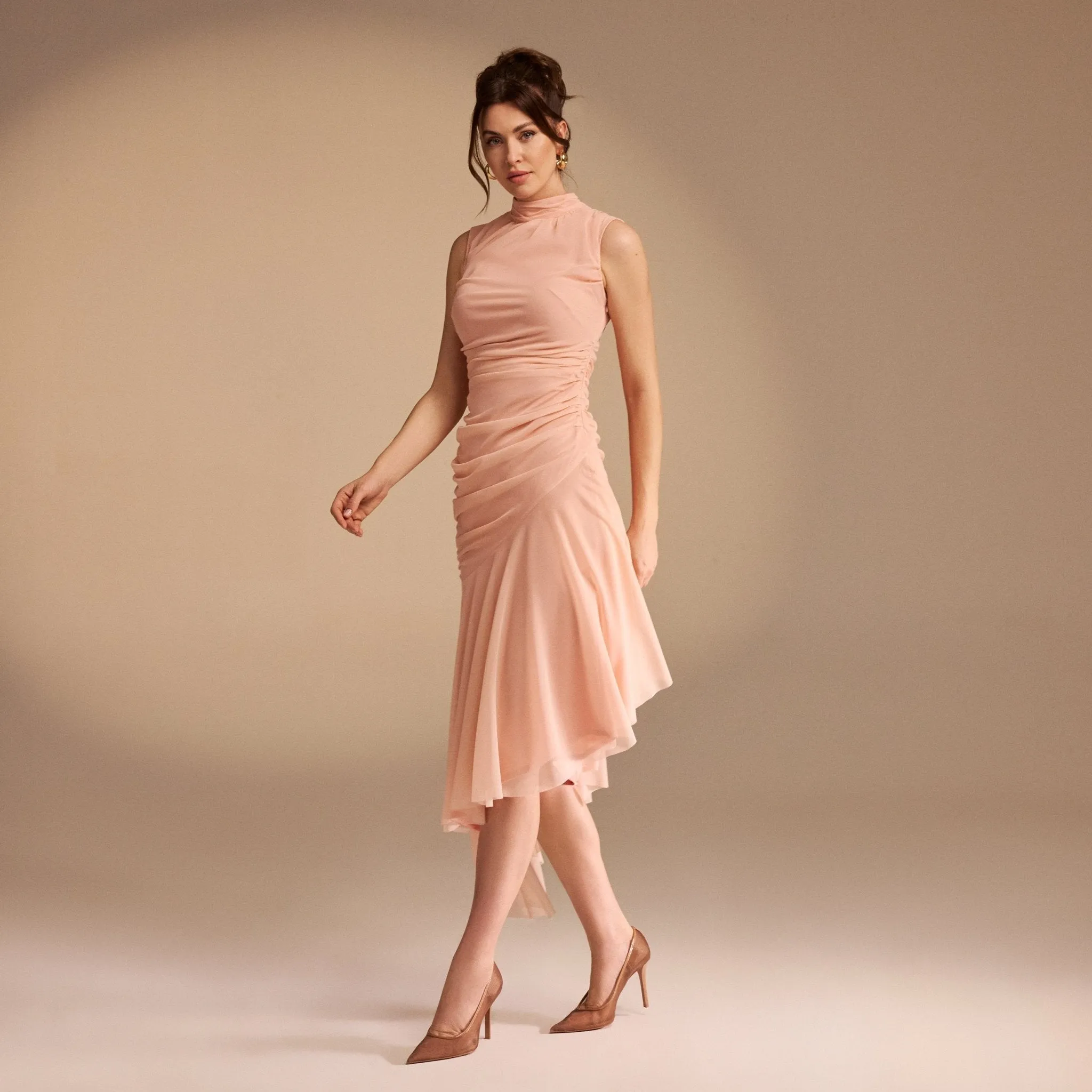 Sleeveless Ruched Ruffles Midi Dress
