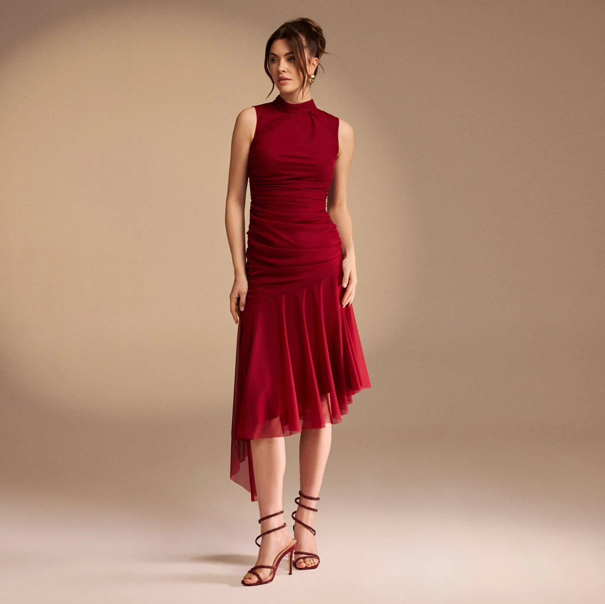 Sleeveless Ruched Ruffles Midi Dress
