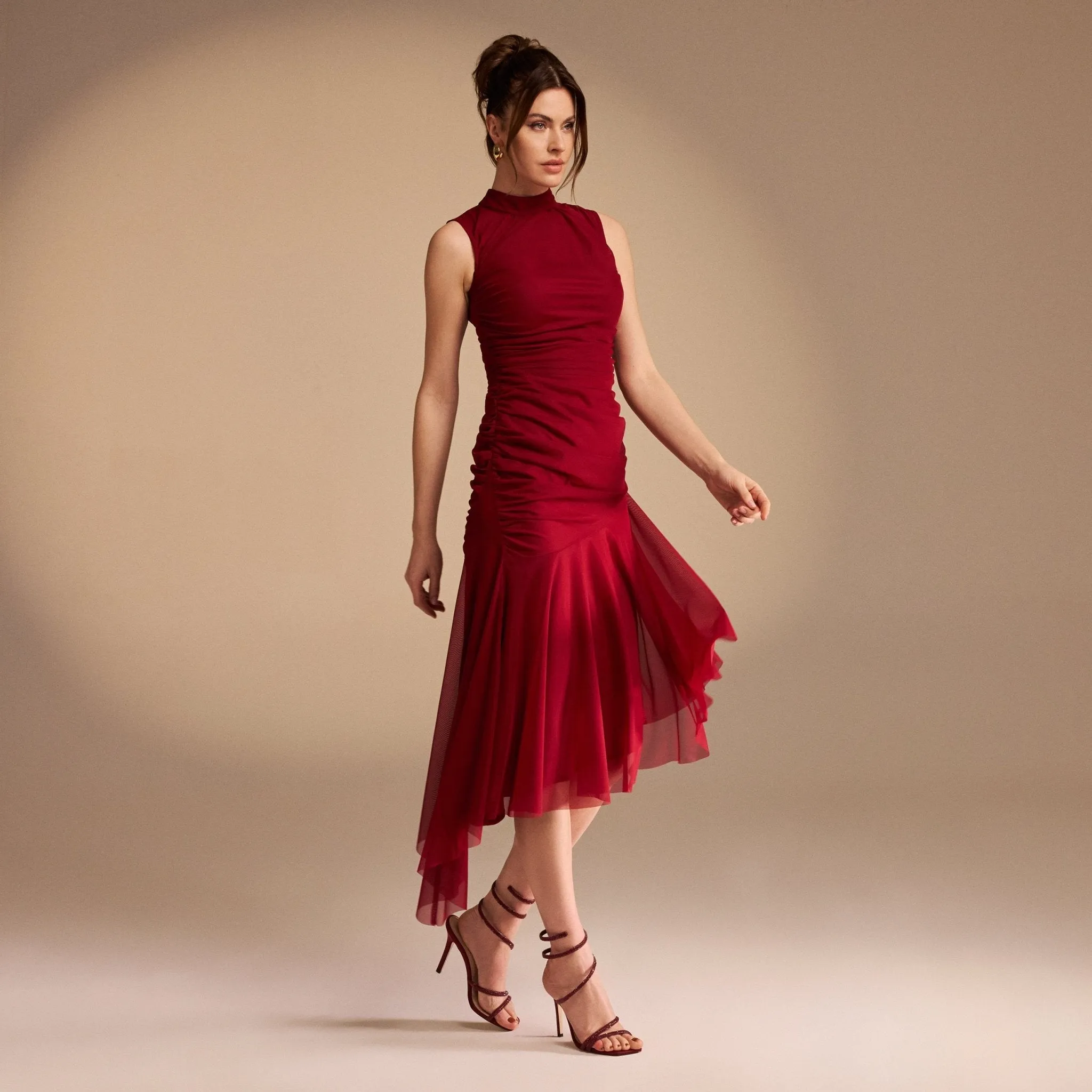 Sleeveless Ruched Ruffles Midi Dress