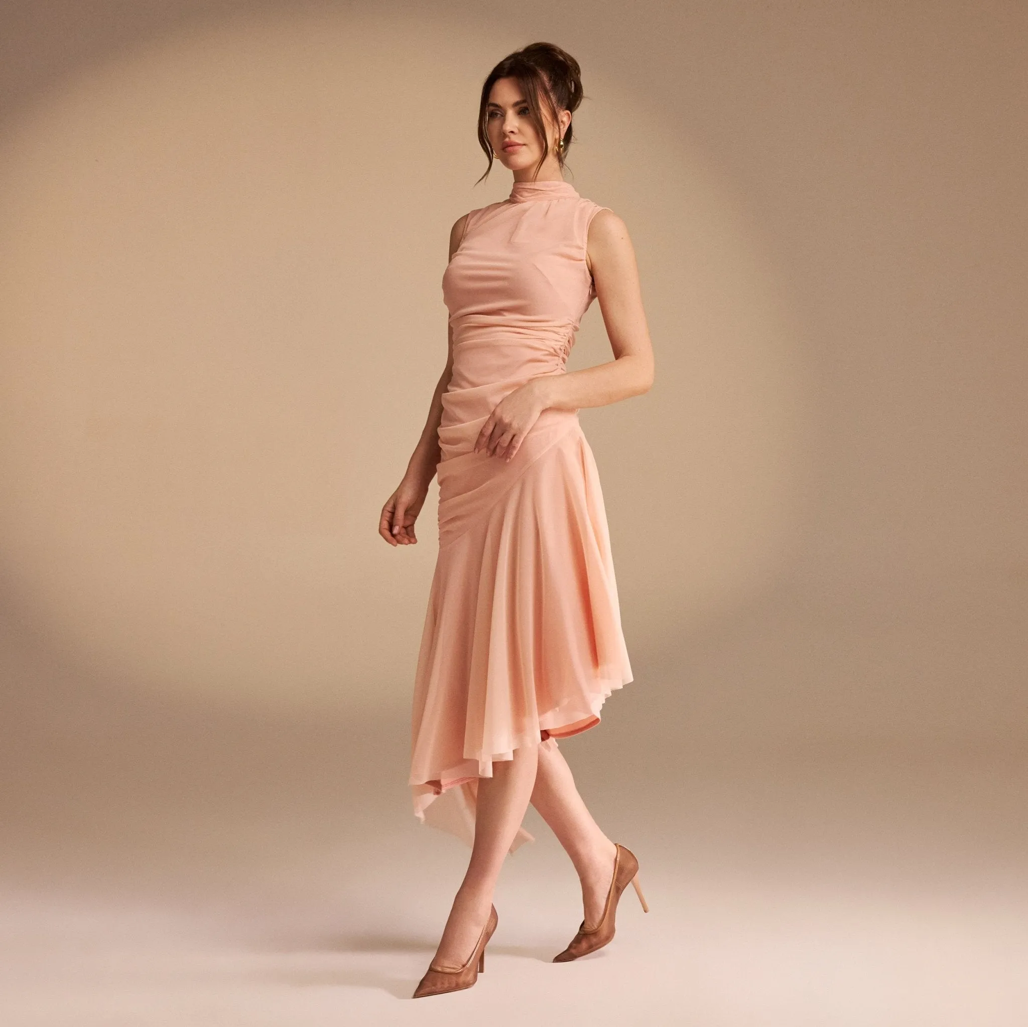 Sleeveless Ruched Ruffles Midi Dress