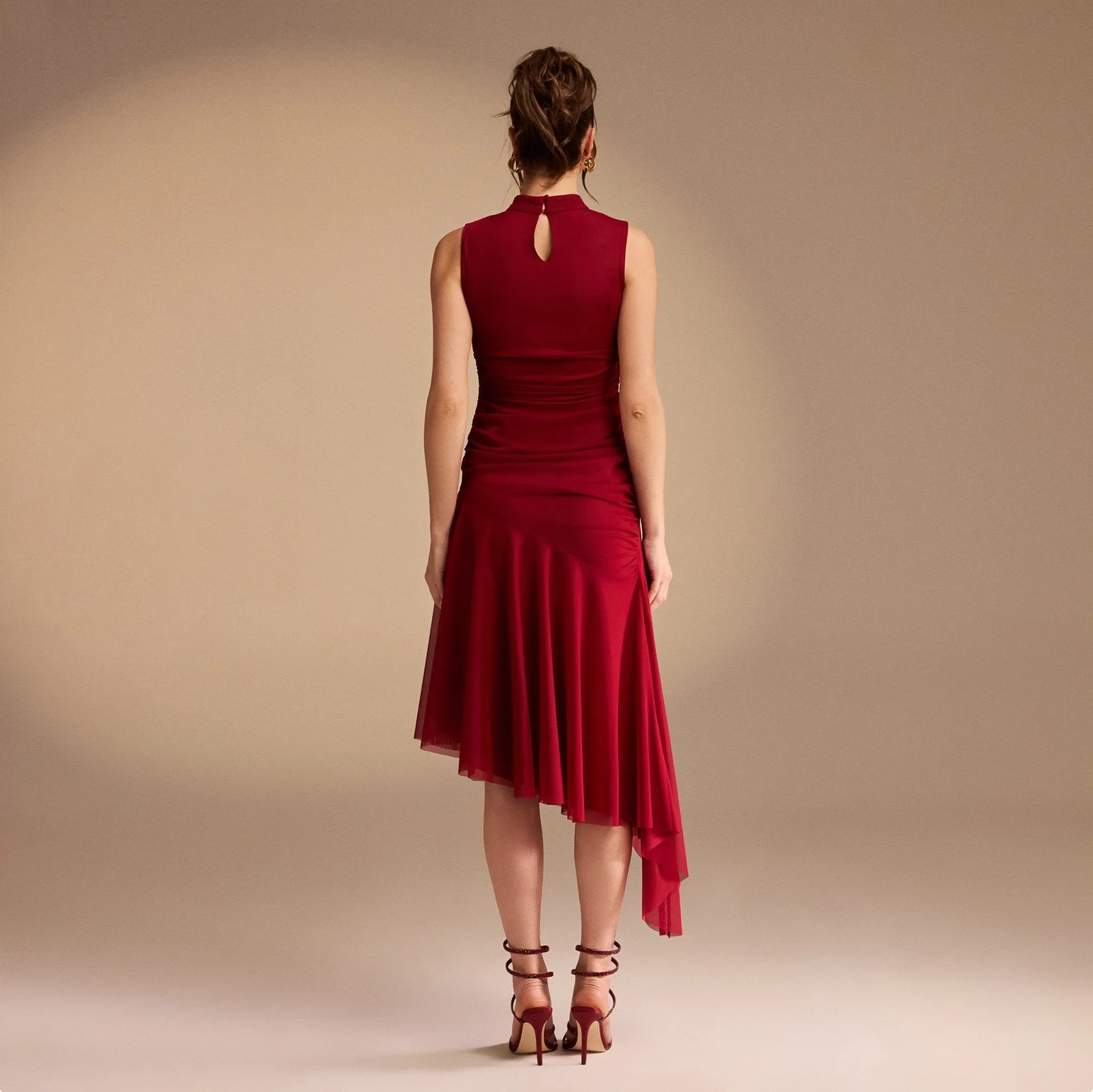 Sleeveless Ruched Ruffles Midi Dress