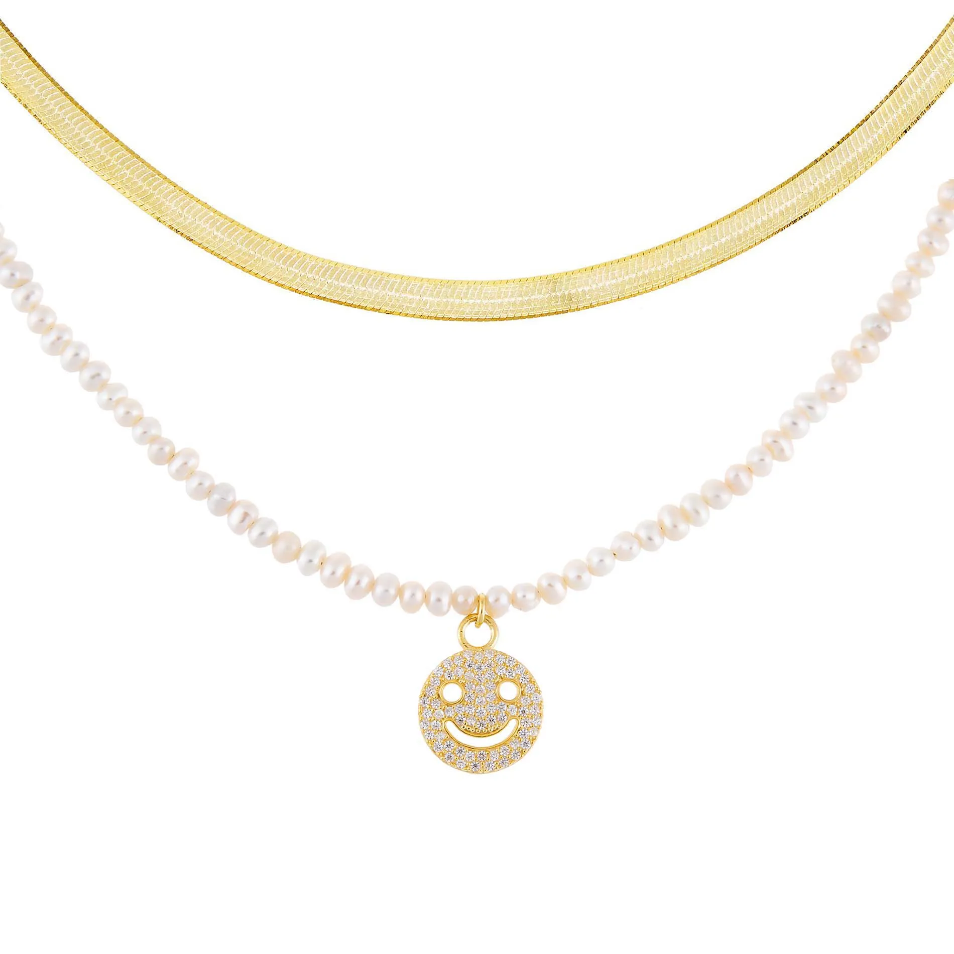 Smiley Face Pearl X Herringbone Necklace Combo Set