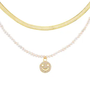 Smiley Face Pearl X Herringbone Necklace Combo Set