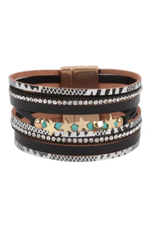SNAKE PRINT LEATHER WRAP WITH STAR MAGNETIC LOCK BRACELET
