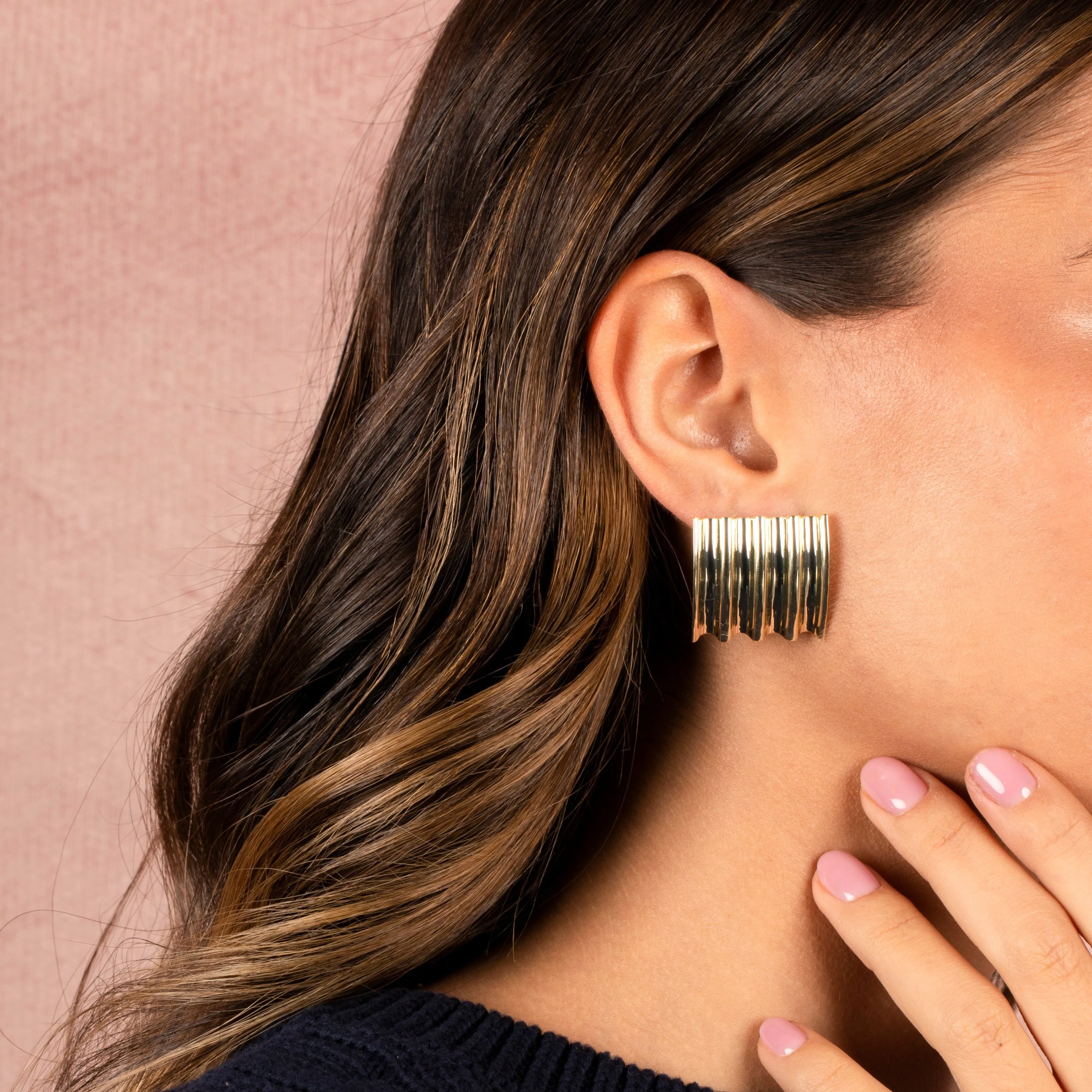Solid Lined Square On The Ear Stud Earring