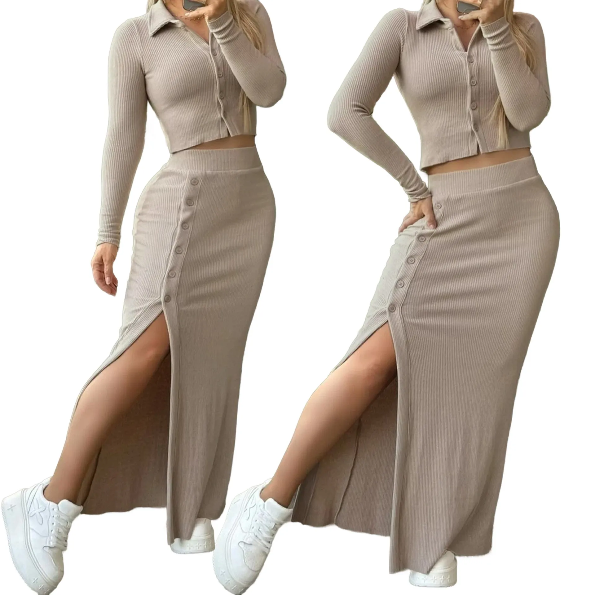 Sophisticated Long-Sleeved Knit Button Crop Top and Slit Skirt Set