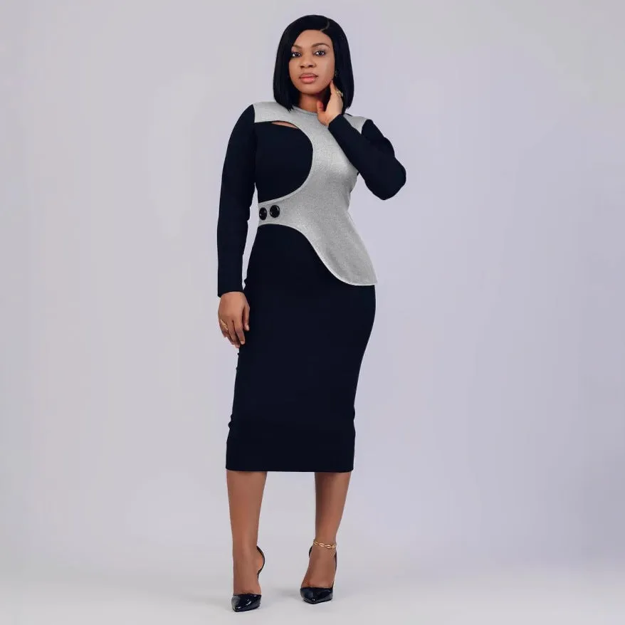 Sophisticated Patchwork Asymmetric Bodycon Dress with Button Detail