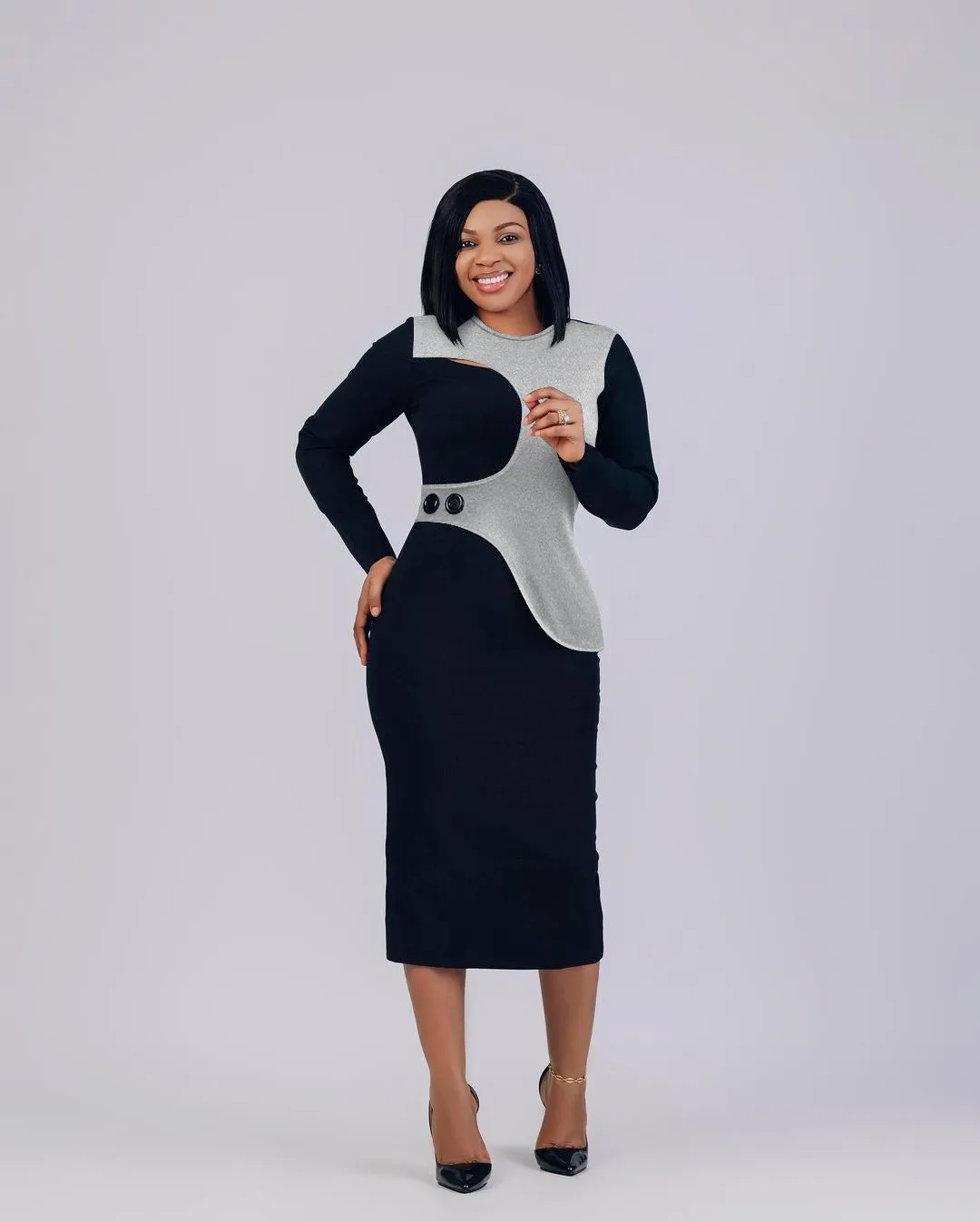 Sophisticated Patchwork Asymmetric Bodycon Dress with Button Detail