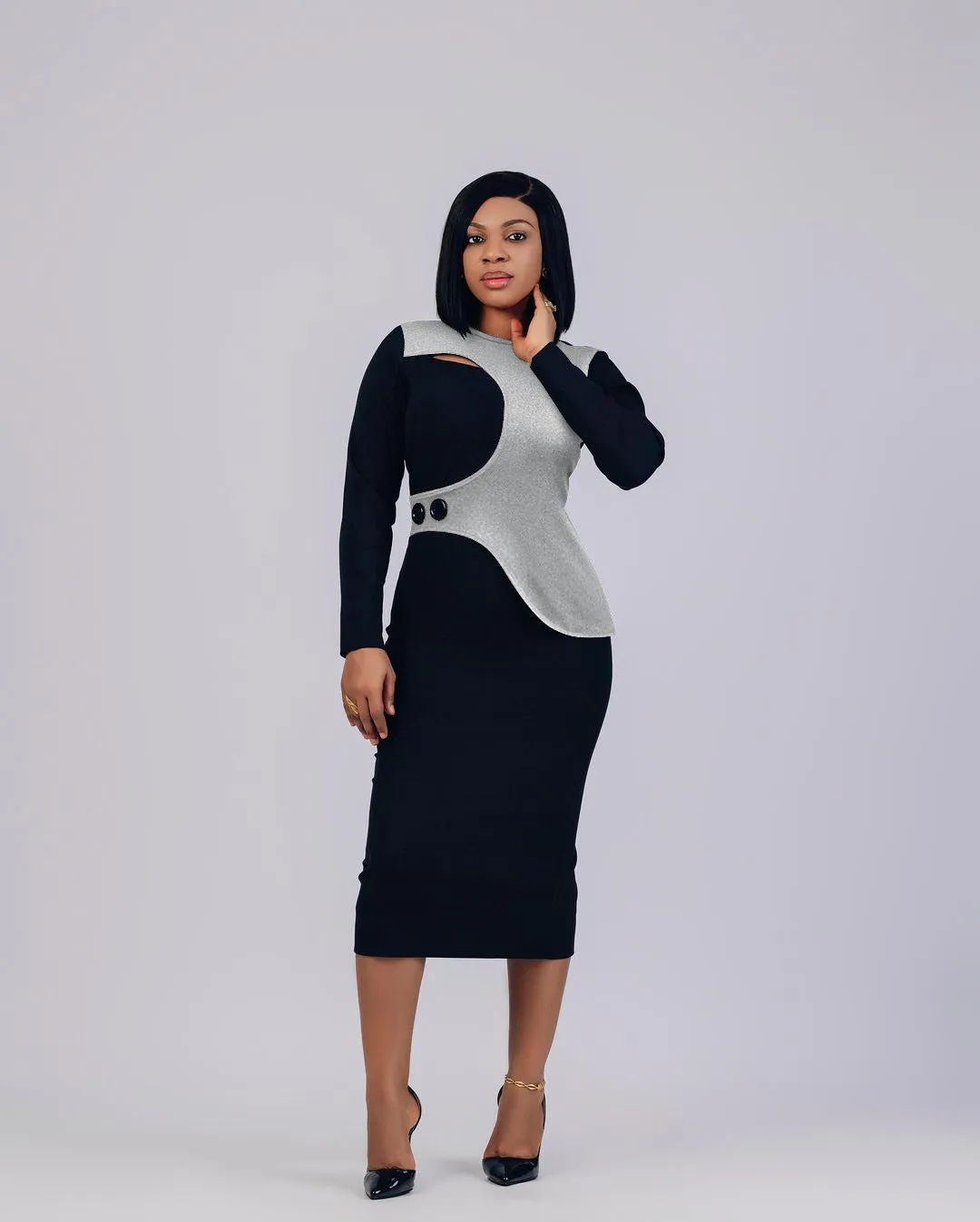 Sophisticated Patchwork Asymmetric Bodycon Dress with Button Detail