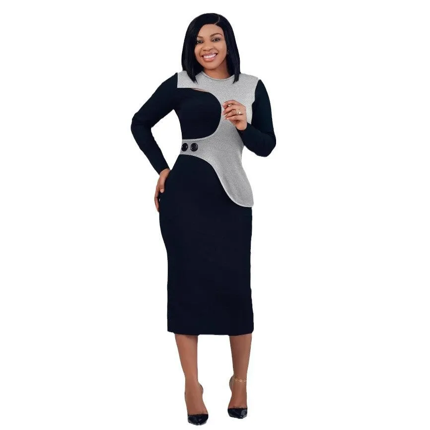 Sophisticated Patchwork Asymmetric Bodycon Dress with Button Detail
