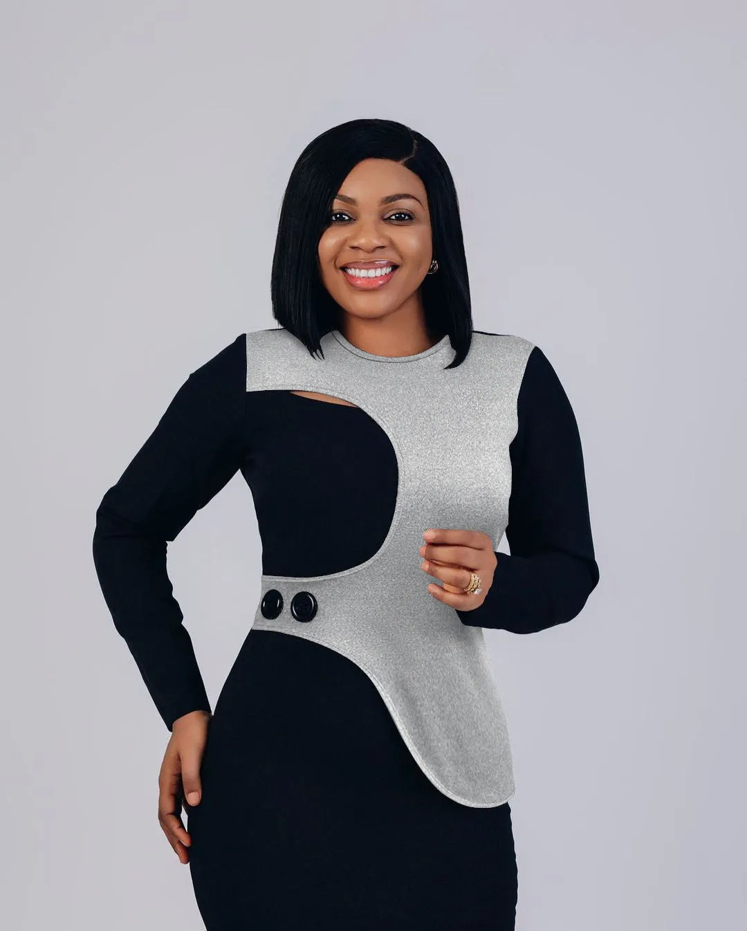 Sophisticated Patchwork Asymmetric Bodycon Dress with Button Detail