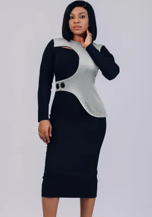 Sophisticated Patchwork Asymmetric Bodycon Dress with Button Detail