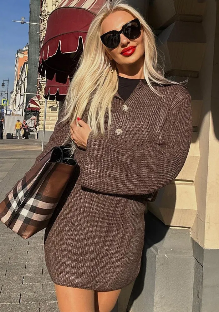 Sophisticated Turndown Collar Bell Sleeve Cardigan and Skirt Woolen Set