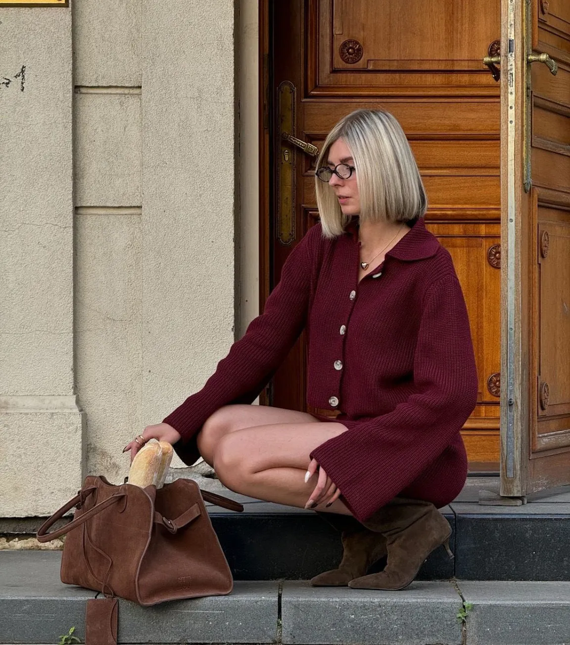 Sophisticated Turndown Collar Bell Sleeve Cardigan and Skirt Woolen Set