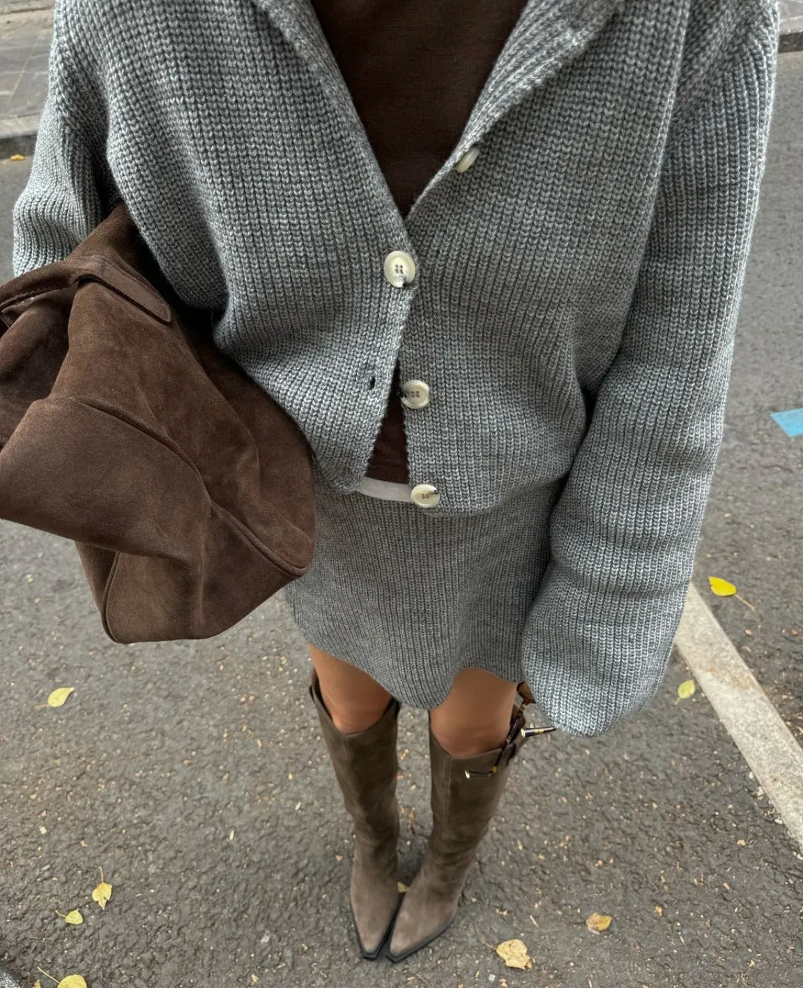 Sophisticated Turndown Collar Bell Sleeve Cardigan and Skirt Woolen Set