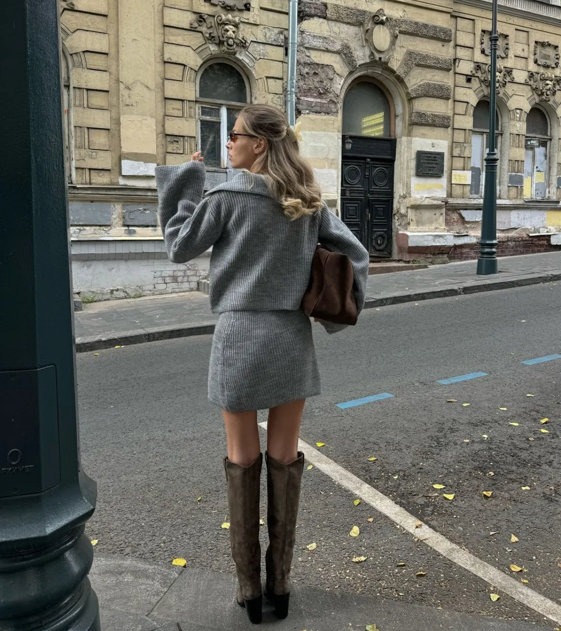 Sophisticated Turndown Collar Bell Sleeve Cardigan and Skirt Woolen Set