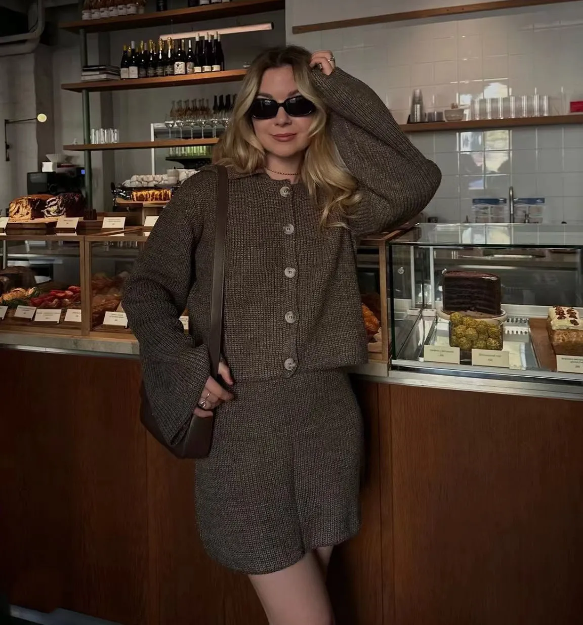 Sophisticated Turndown Collar Bell Sleeve Cardigan and Skirt Woolen Set