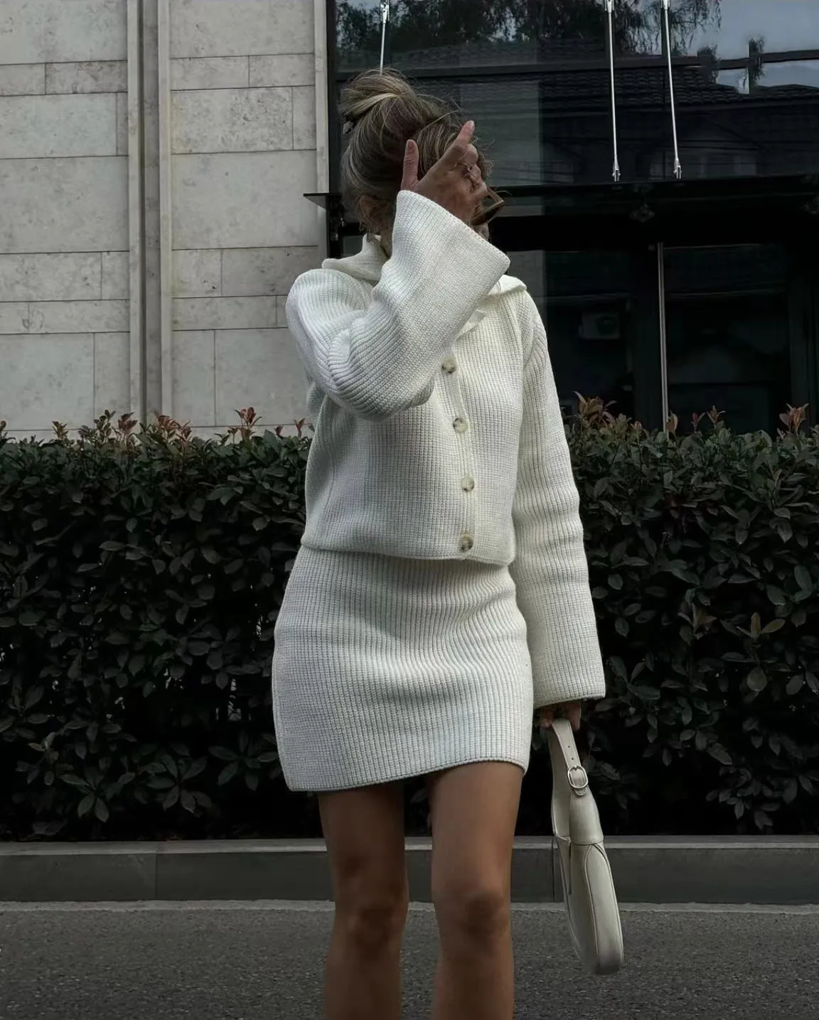 Sophisticated Turndown Collar Bell Sleeve Cardigan and Skirt Woolen Set