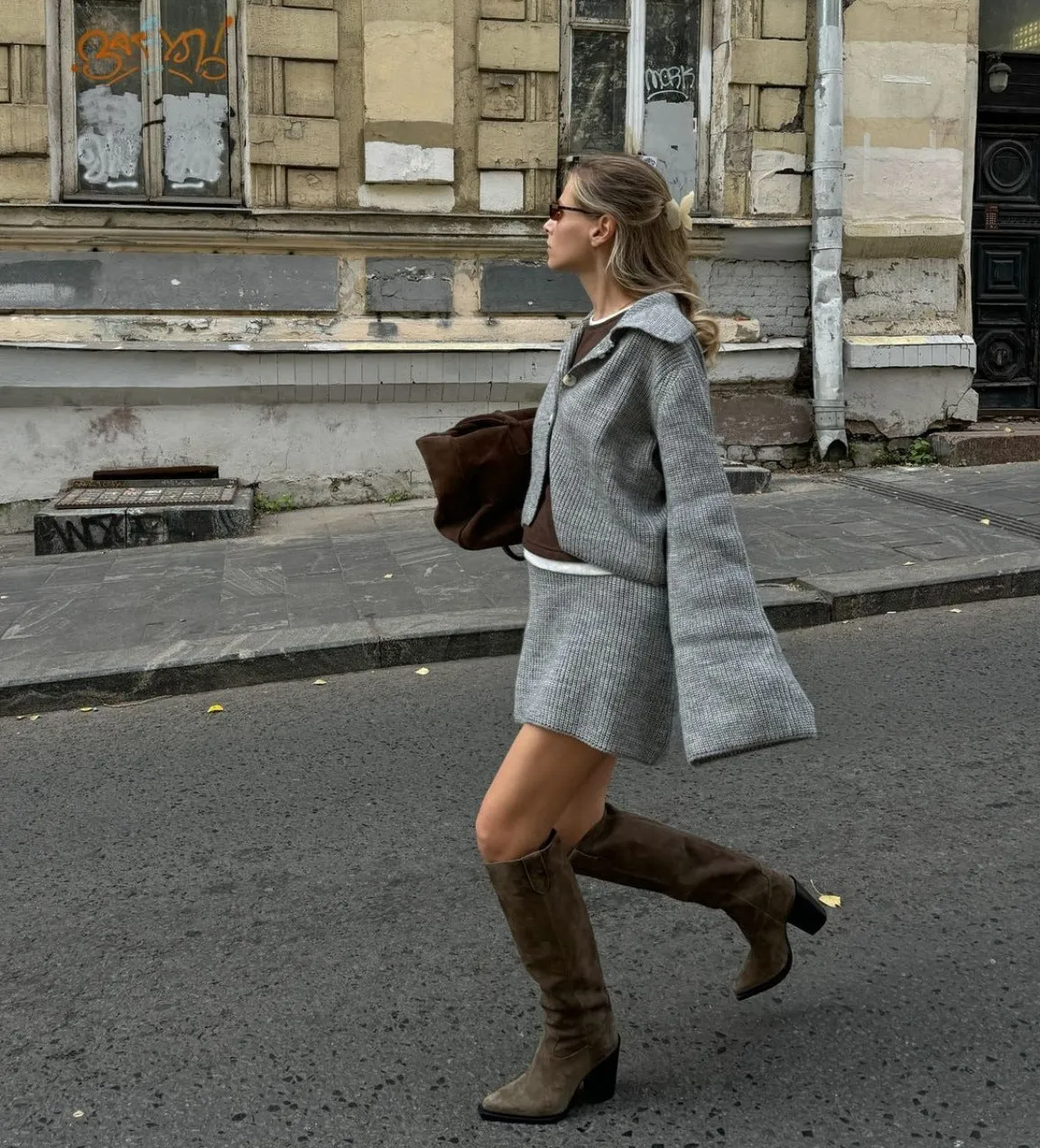 Sophisticated Turndown Collar Bell Sleeve Cardigan and Skirt Woolen Set