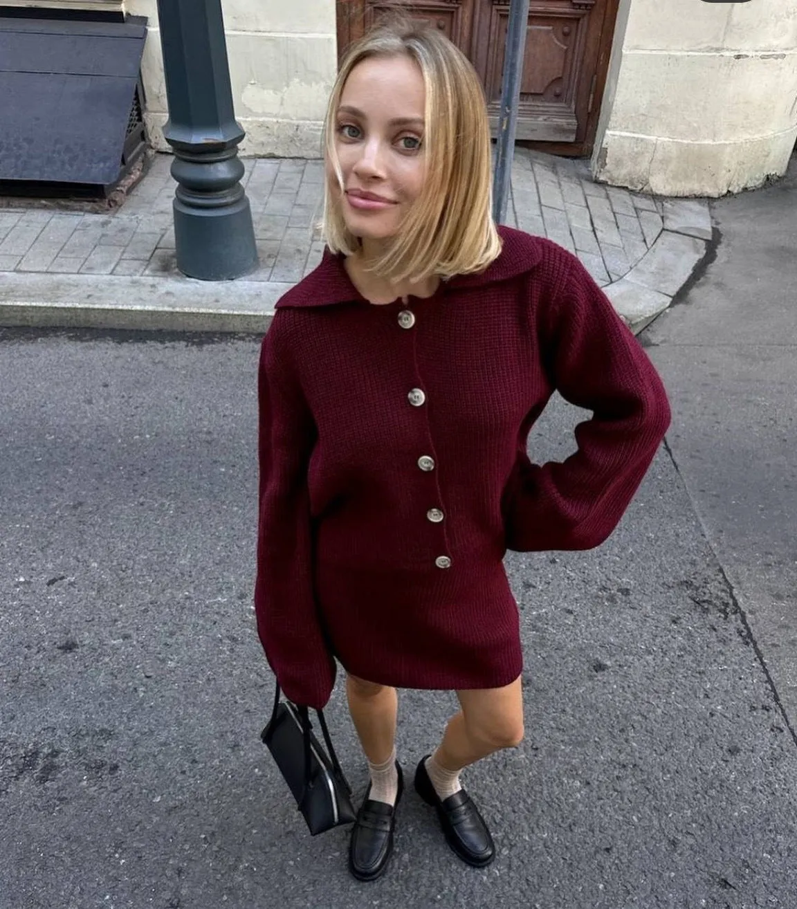 Sophisticated Turndown Collar Bell Sleeve Cardigan and Skirt Woolen Set