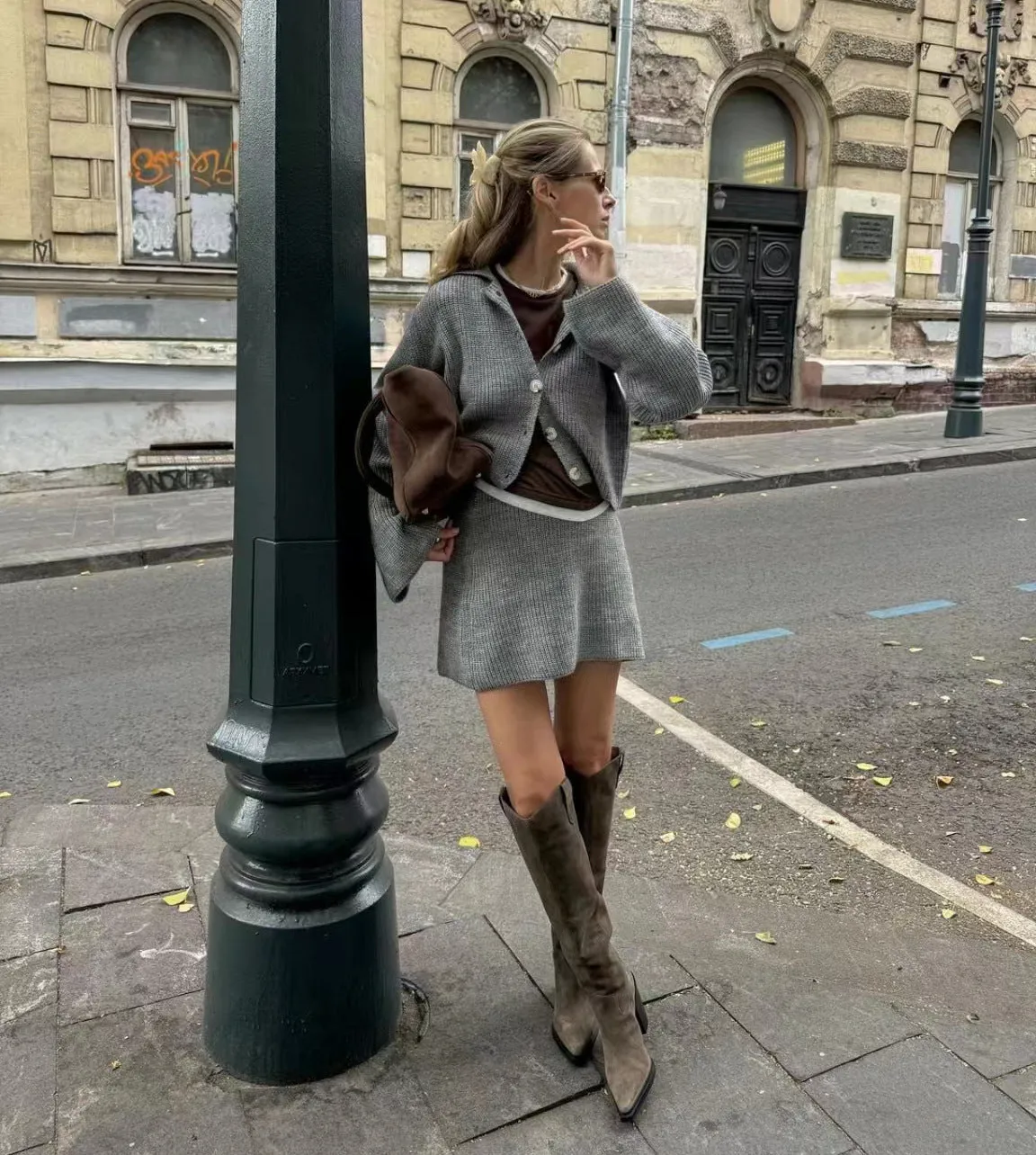 Sophisticated Turndown Collar Bell Sleeve Cardigan and Skirt Woolen Set