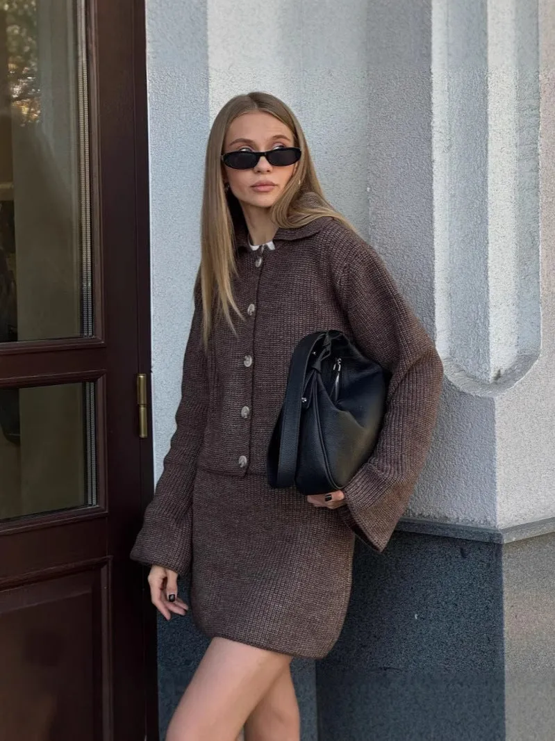 Sophisticated Turndown Collar Bell Sleeve Cardigan and Skirt Woolen Set