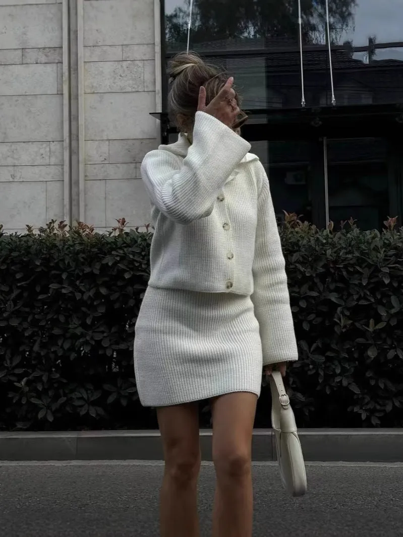 Sophisticated Turndown Collar Bell Sleeve Cardigan and Skirt Woolen Set