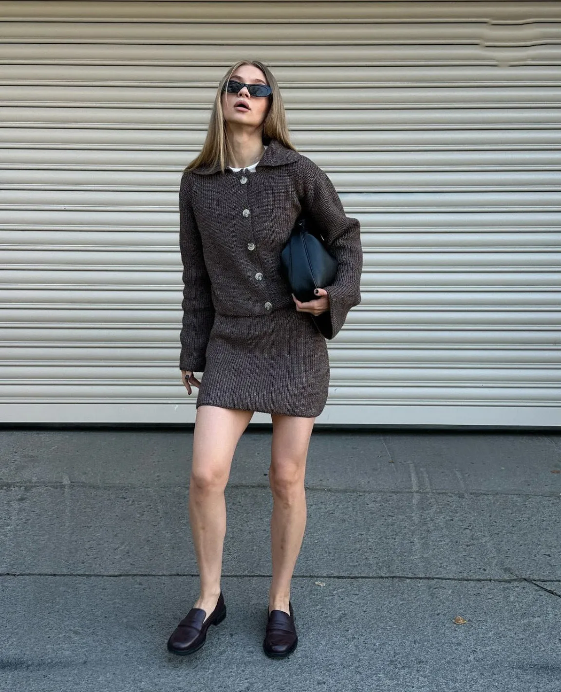 Sophisticated Turndown Collar Bell Sleeve Cardigan and Skirt Woolen Set