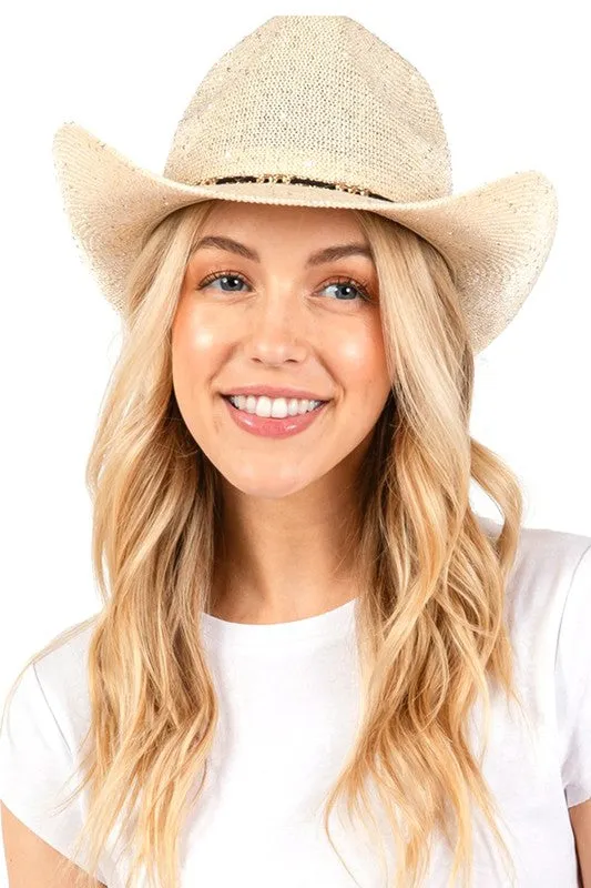 Sparkle Sequins Knit Metal Band Fashion Cowboy Hat