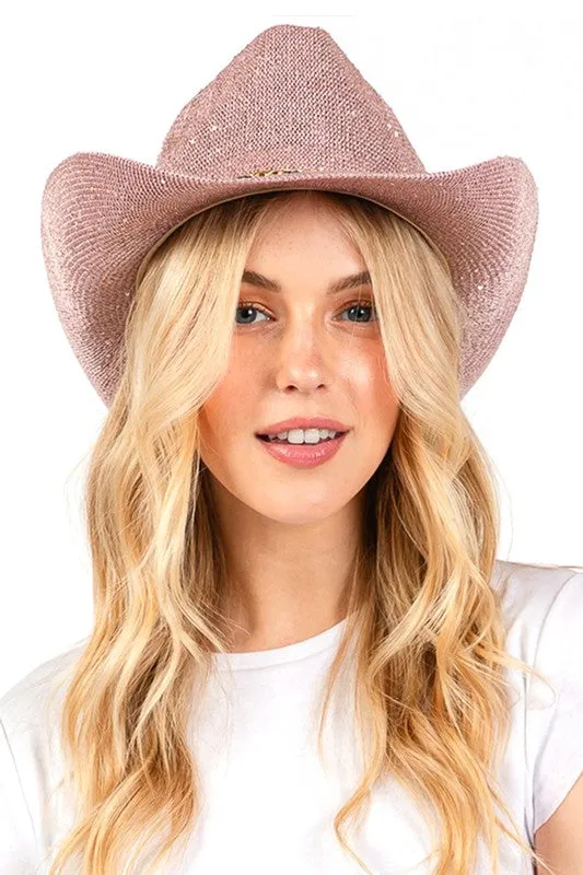 Sparkle Sequins Knit Metal Band Fashion Cowboy Hat