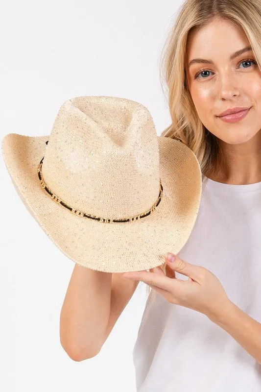 Sparkle Sequins Knit Metal Band Fashion Cowboy Hat