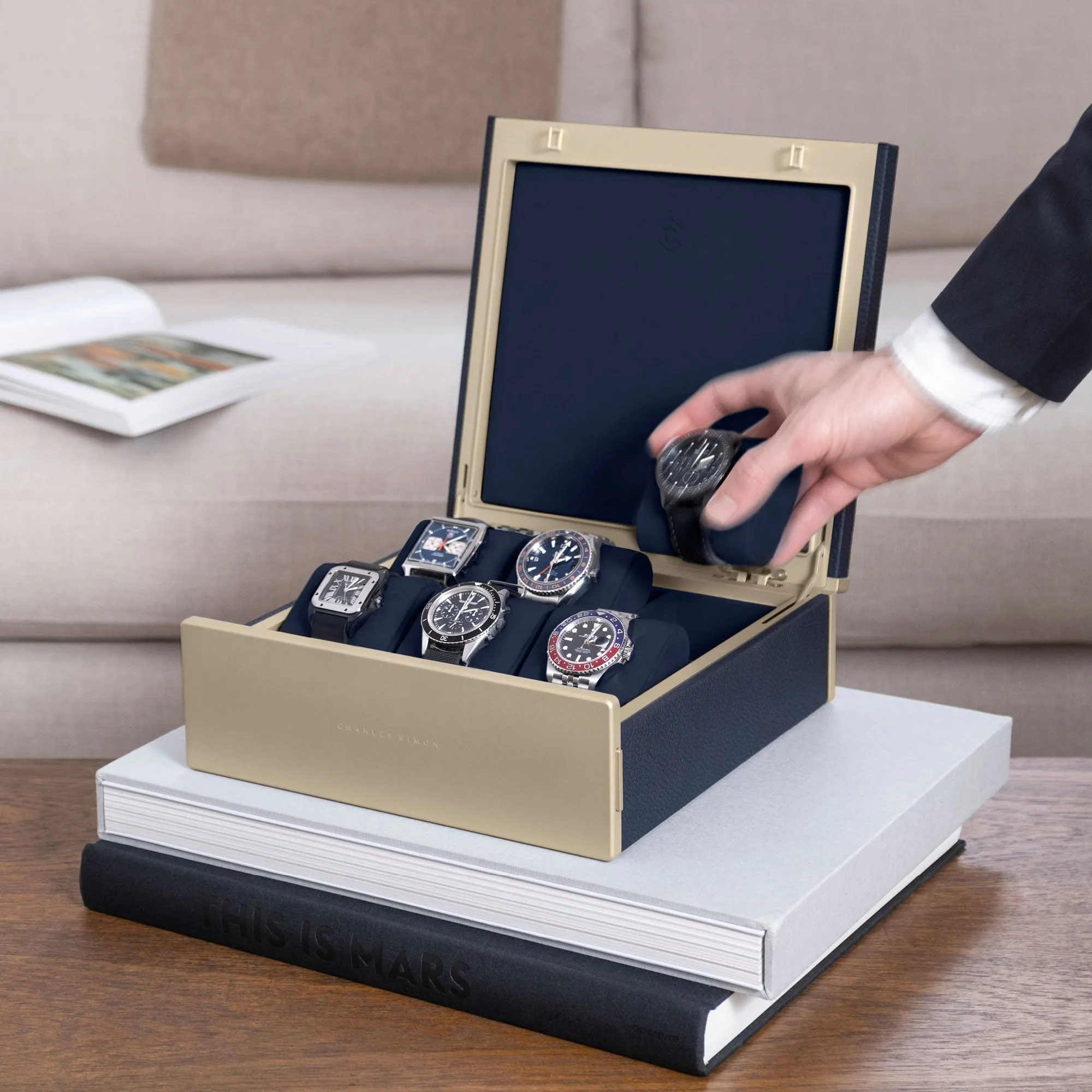 SPENCE 6 WATCH BOX - MARINE / CHAMPAGNE