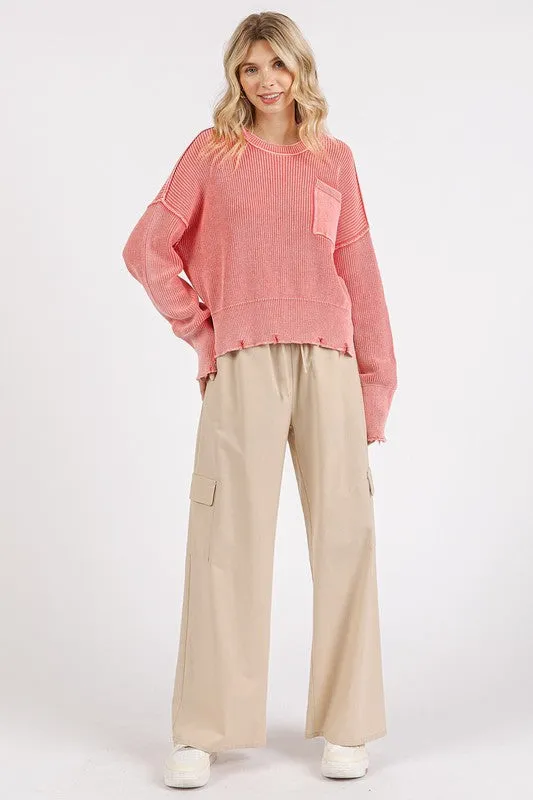 Strawberry Distressed Hem Round Neck Dropped Shoulder Sweater