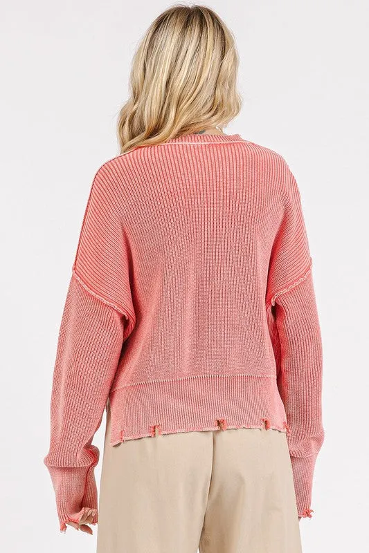 Strawberry Distressed Hem Round Neck Dropped Shoulder Sweater