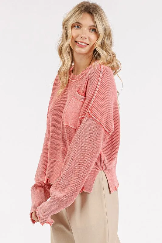 Strawberry Distressed Hem Round Neck Dropped Shoulder Sweater