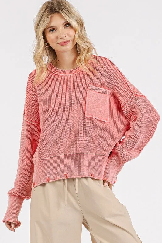 Strawberry Distressed Hem Round Neck Dropped Shoulder Sweater