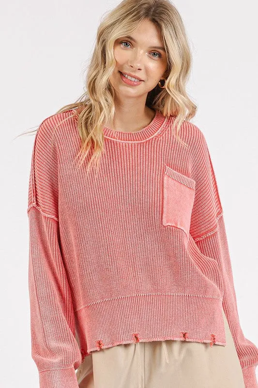 Strawberry Distressed Hem Round Neck Dropped Shoulder Sweater