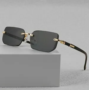 Stylish Rimless Rectangle Fashion Glasses for Men & Women - Trendy Black Lens with Golden-Tone Metal Frame, Classic Design for Casual Attire & Photo Props, Unisex Accessories | Chic Eyewear | Lightweight Eyeglasses