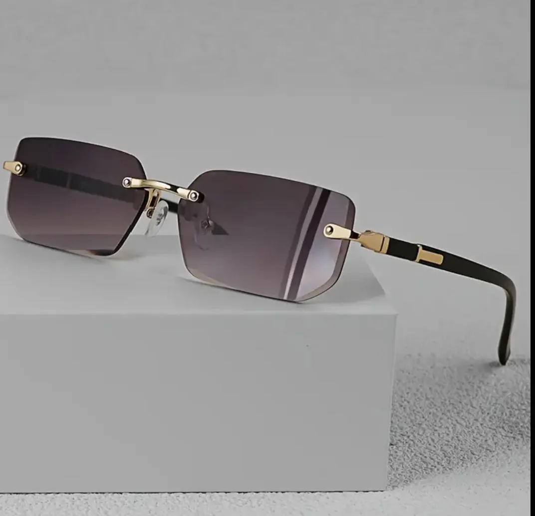 Stylish Rimless Rectangle Fashion Glasses for Men & Women - Trendy Black Lens with Golden-Tone Metal Frame, Classic Design for Casual Attire & Photo Props, Unisex Accessories | Chic Eyewear | Lightweight Eyeglasses