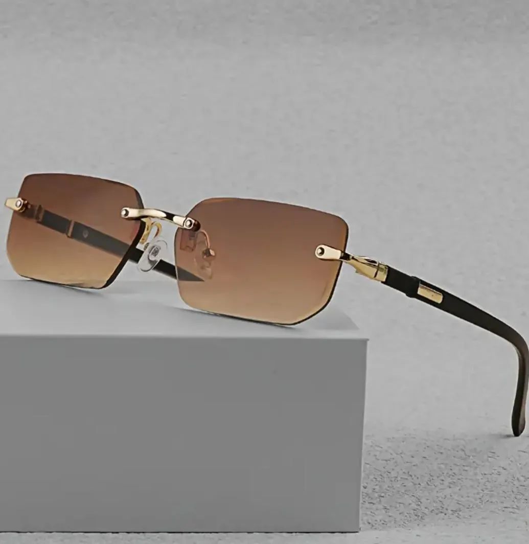 Stylish Rimless Rectangle Fashion Glasses for Men & Women - Trendy Black Lens with Golden-Tone Metal Frame, Classic Design for Casual Attire & Photo Props, Unisex Accessories | Chic Eyewear | Lightweight Eyeglasses